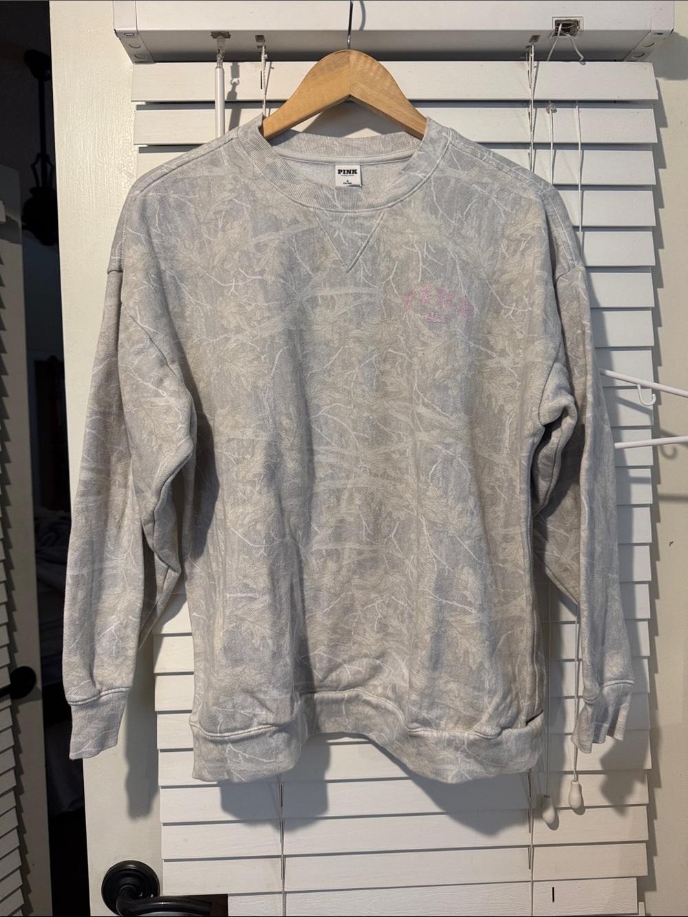 PINK Victoria's Secret Gray camo Crewneck Sweatshirt with muted Pink Logo
